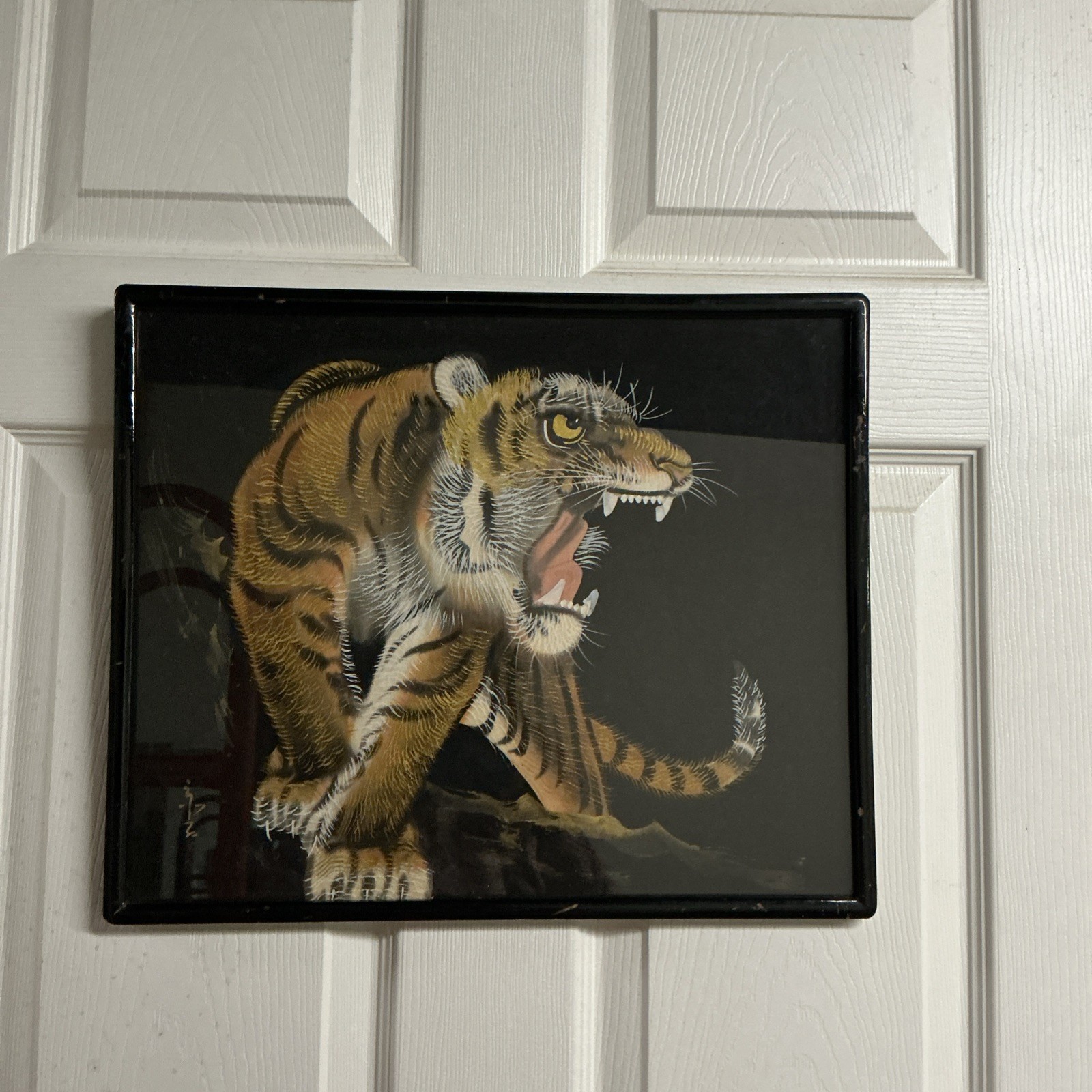 Vintage Roaring Tiger Silk Painting SIGNED Framed Asian Japanese 17 1/2×14 1/2