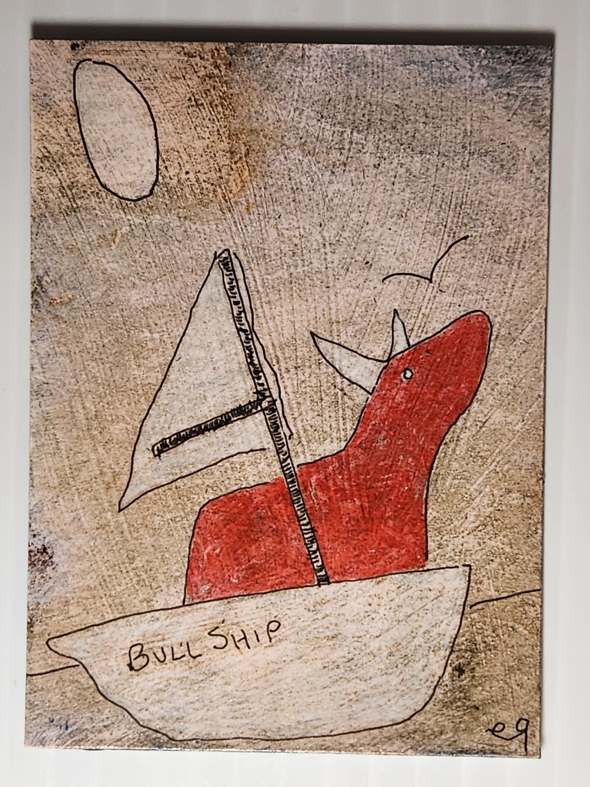 e9Art ACEO bull in boat outsider art brut naive