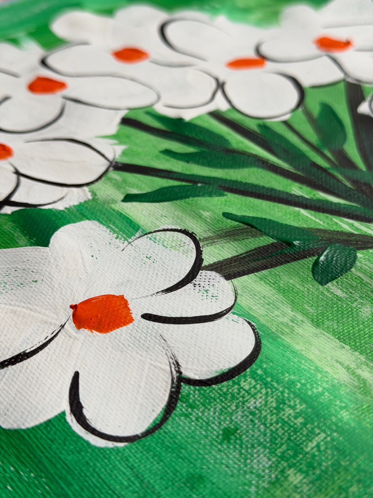 Original “White & Green Flowers – Set 2″ – Acrylic Painting 16×12” Canvas Paper