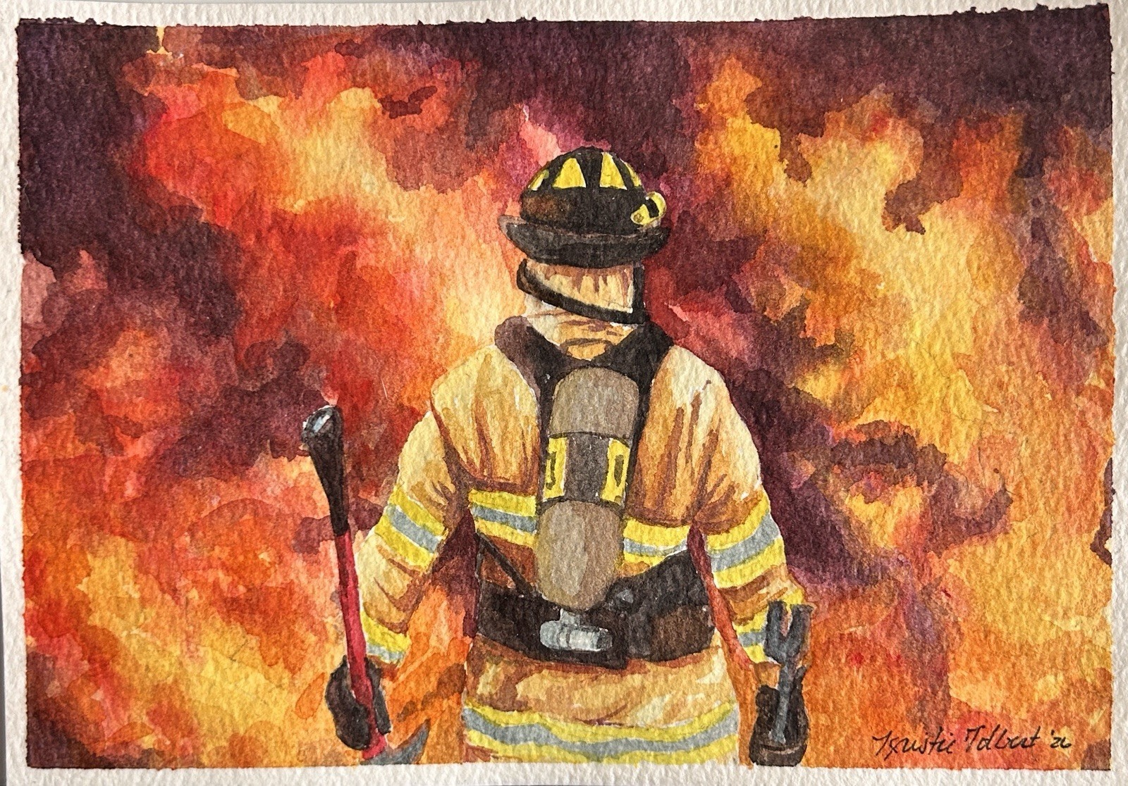 Original Hand painted Watercolor 5×7 Firefighter Fireman Fire