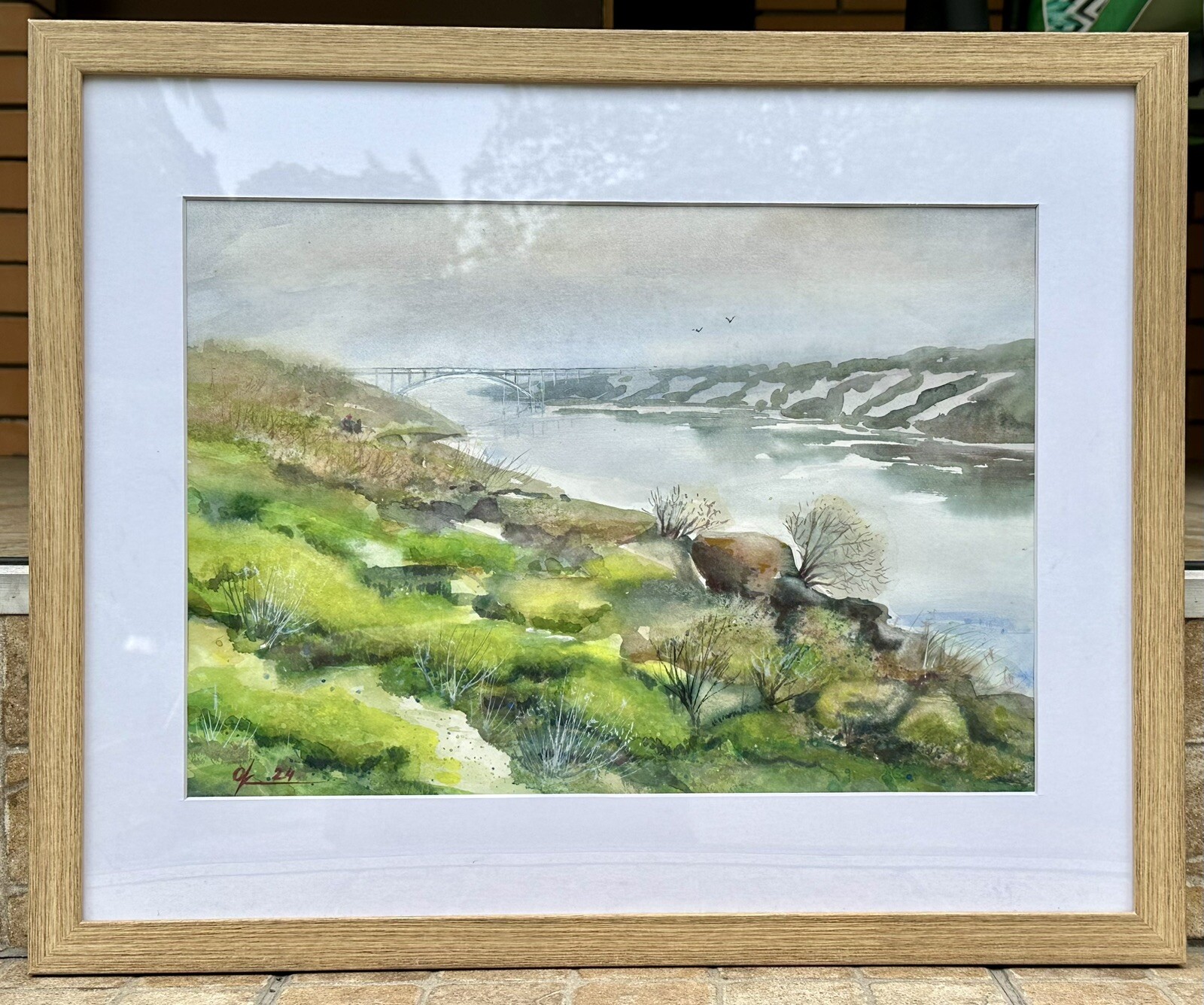 Green Landscape shores spring trees in the river Watercolor Original Relaxing