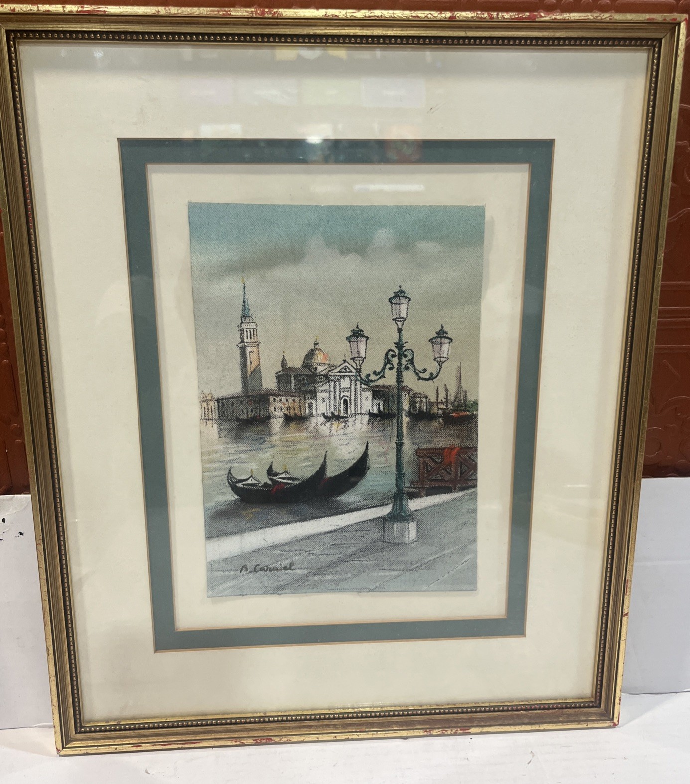 Vintage Framed Print? Venice Gondolas Cityscape Artist Signed Watercolor?