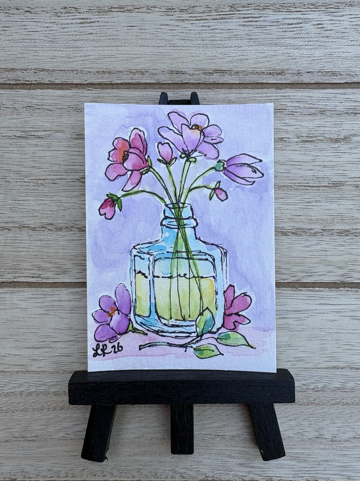 ACEO Original Signed Mini Watercolor and Ink Floral Still Life on Paper OOAK