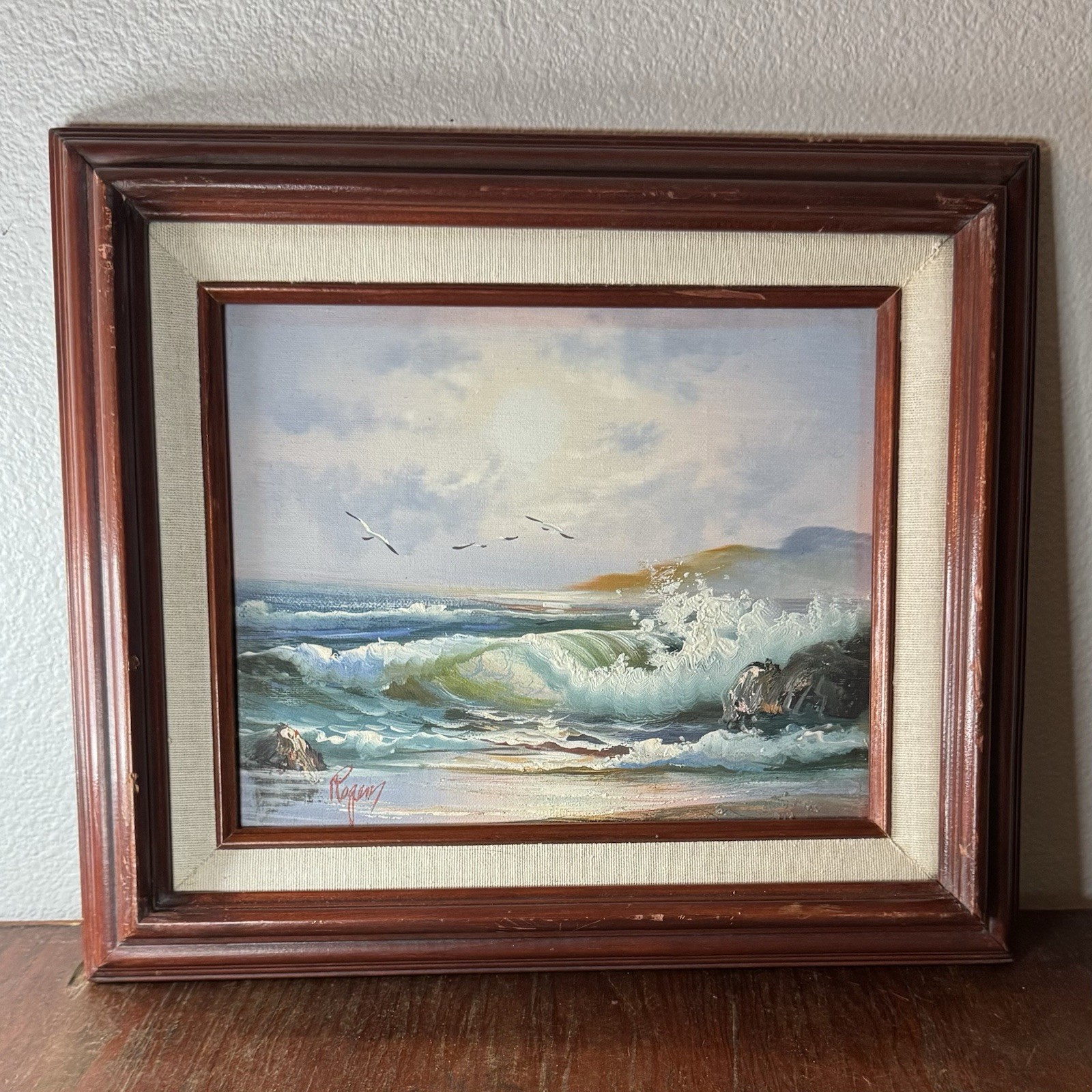 Original Oil Painting Seashore Birds Beach Wood Frame Signed 7.5”x9.5” 12.5”x14”