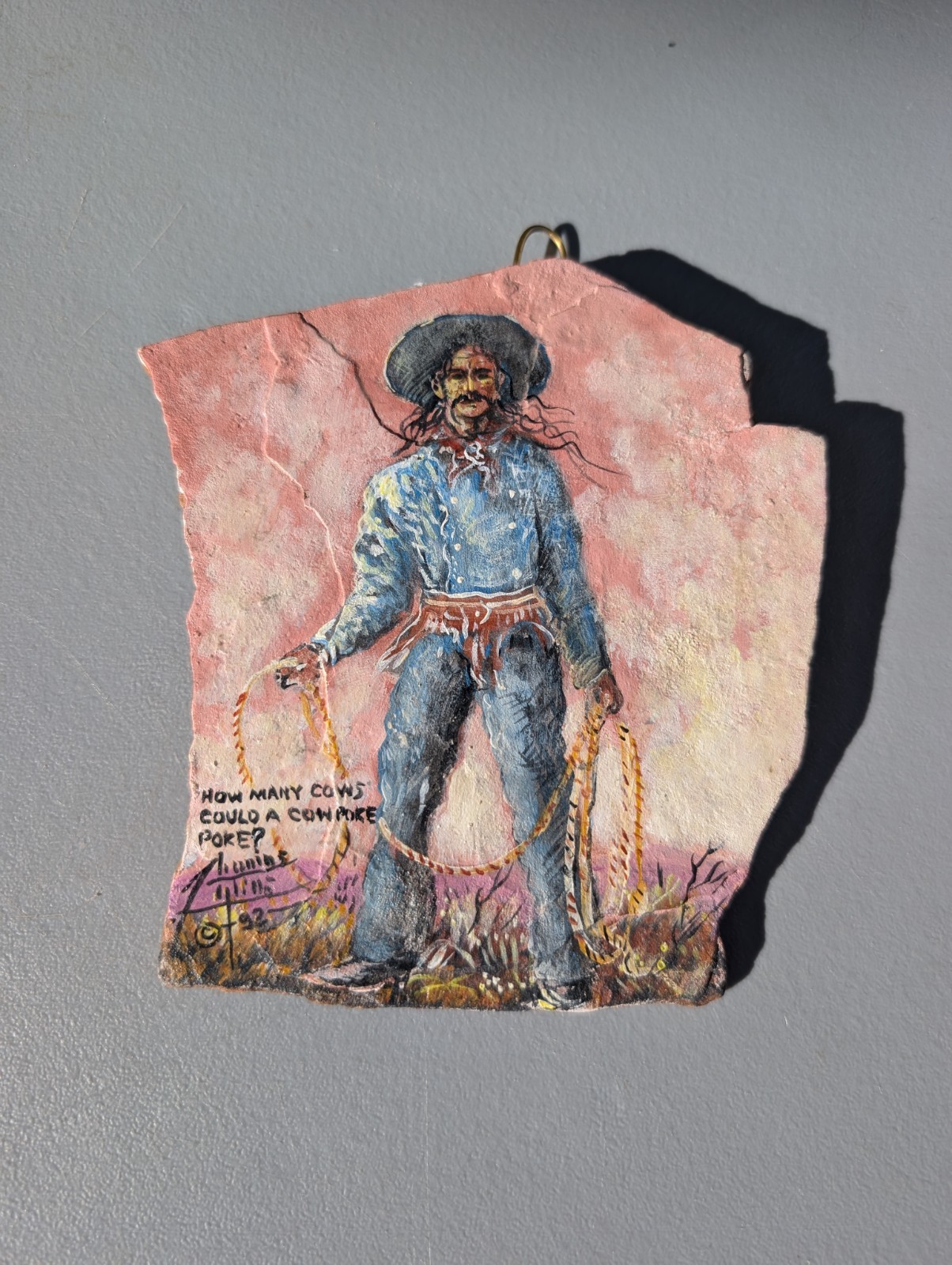 Painting On Stone 1992 Western Cowboy How Many Cows Could A Cow Poke Poke Art