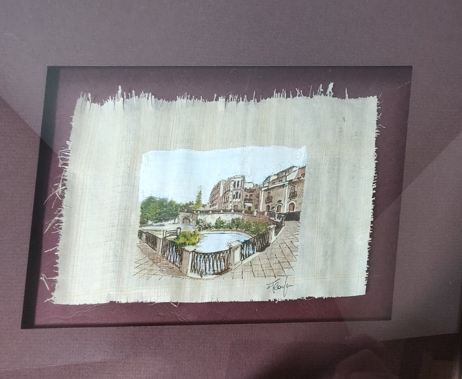 Original Painting Papyrus Italian Piazza Matted and Framed Signed 11.5 x 14 in