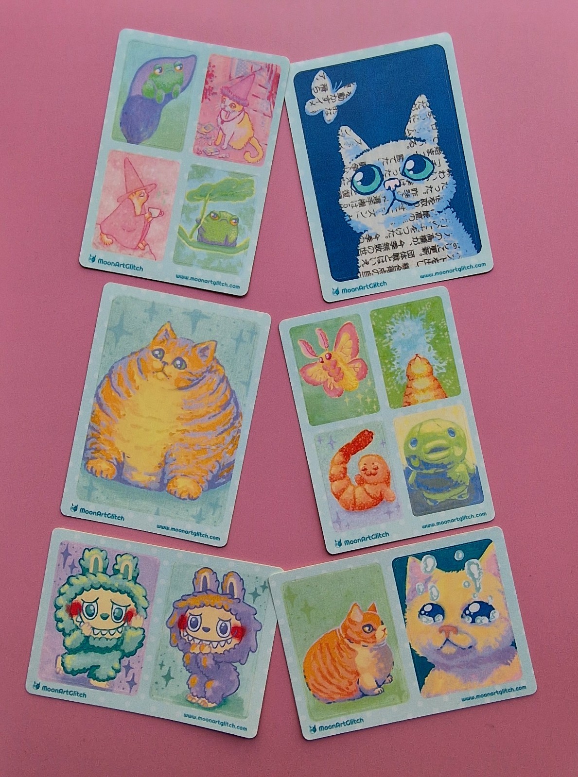 Aceo PRINT STICKER by MoonArtGlitch ~ Pack 3A ~ Cat Frog Moth Fat Animal Cards