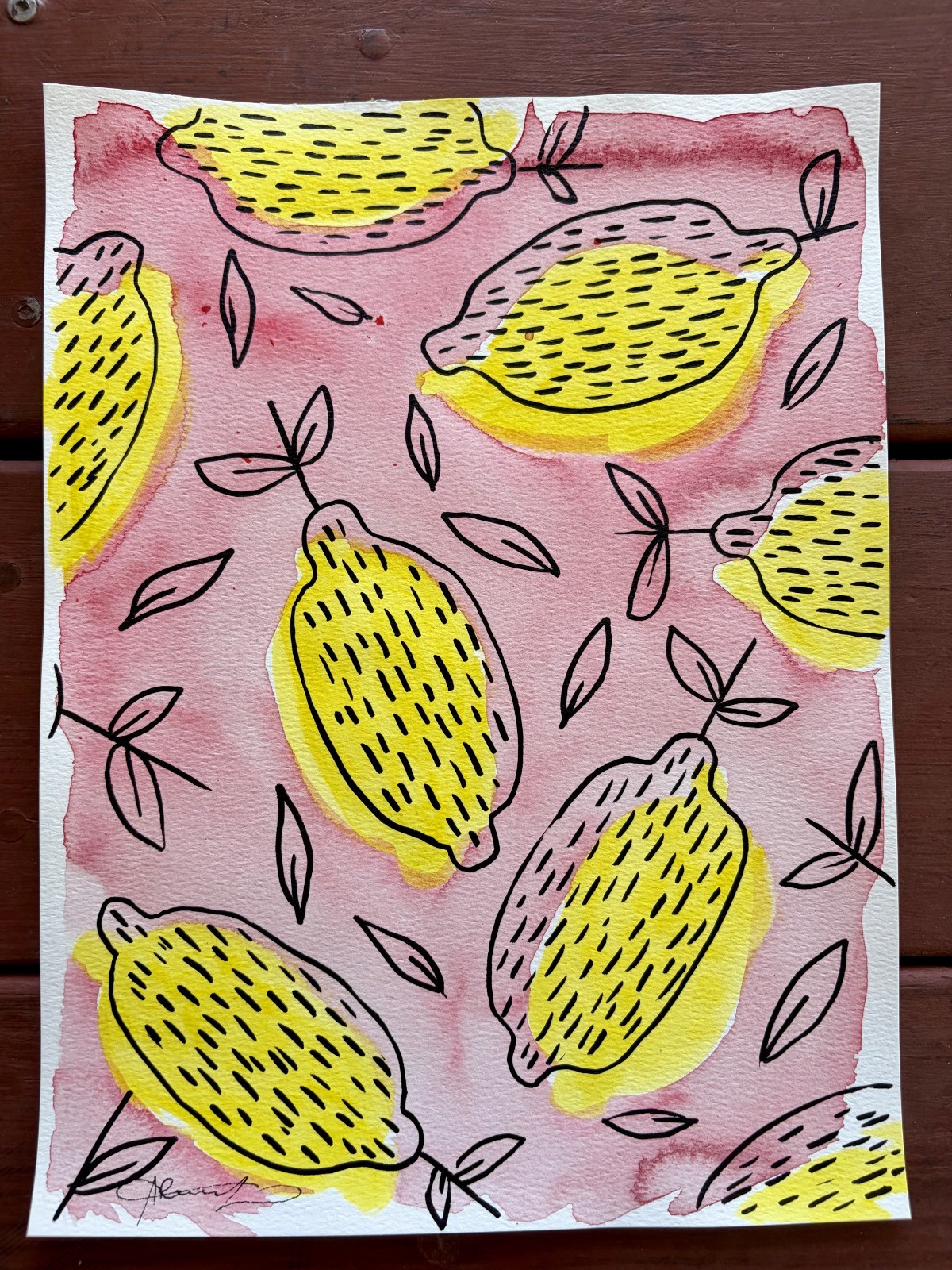 Red Lemon Doodles Painting By Alannah Dyer- Acrylic 9×12 in Trendy Food Citrus