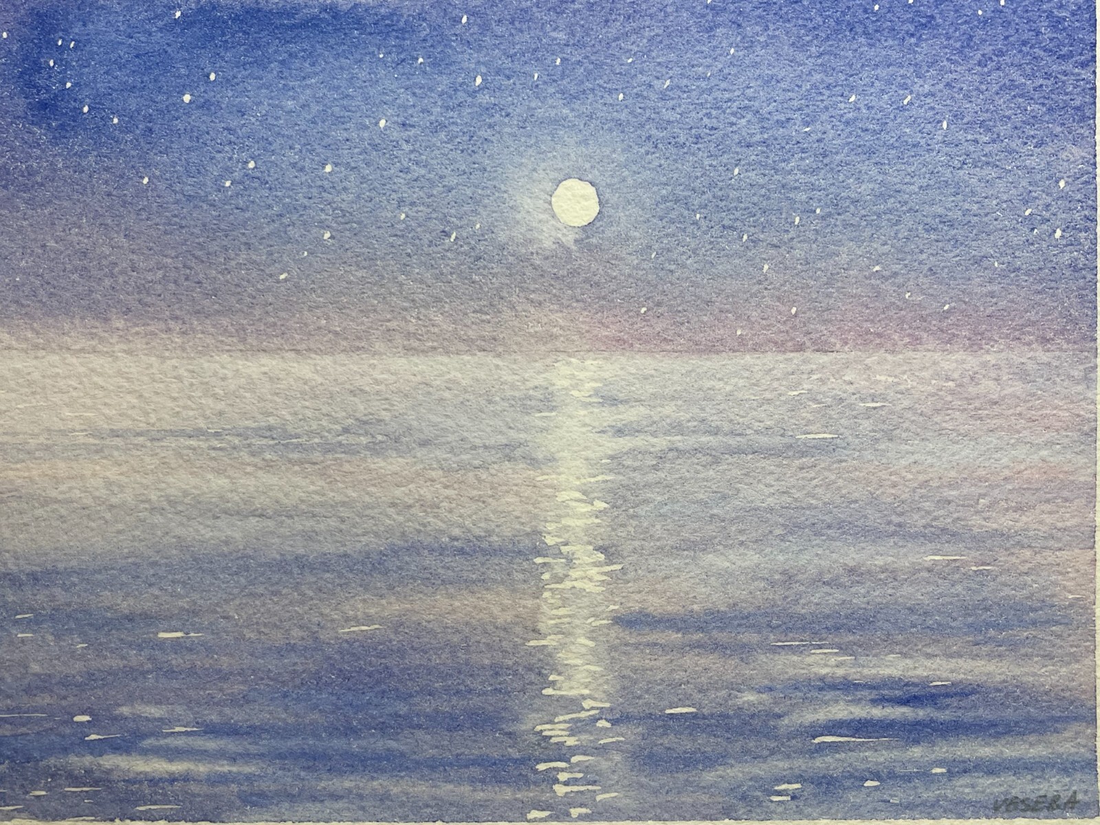 Original Watercolor Painting Seascape Ocean Sea Night Moon – 5×7 inches – NEW