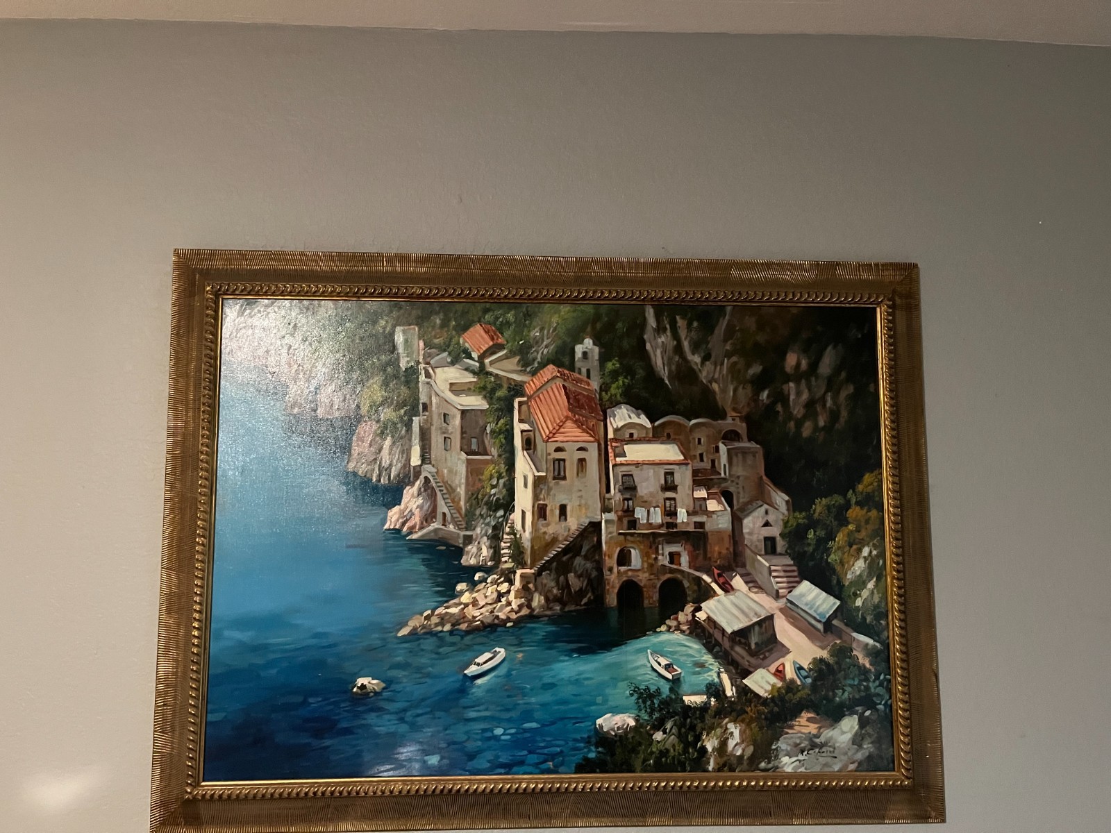 Vintage Oil Painting on Canvas “Boats in Capri” 44″x 33 1/2″ Signed by R Capone