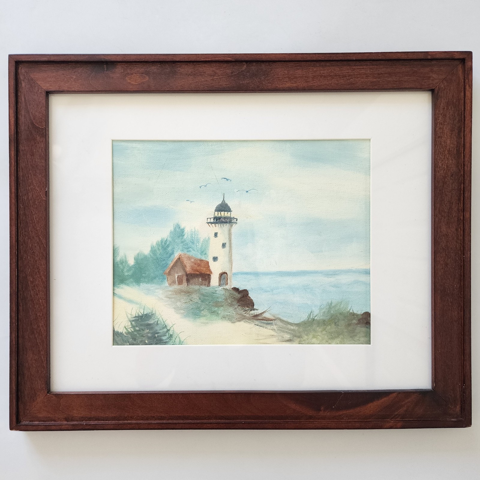 Vintage Lighthouse Watercolor Painting Framed Original Coastal Seascape Art