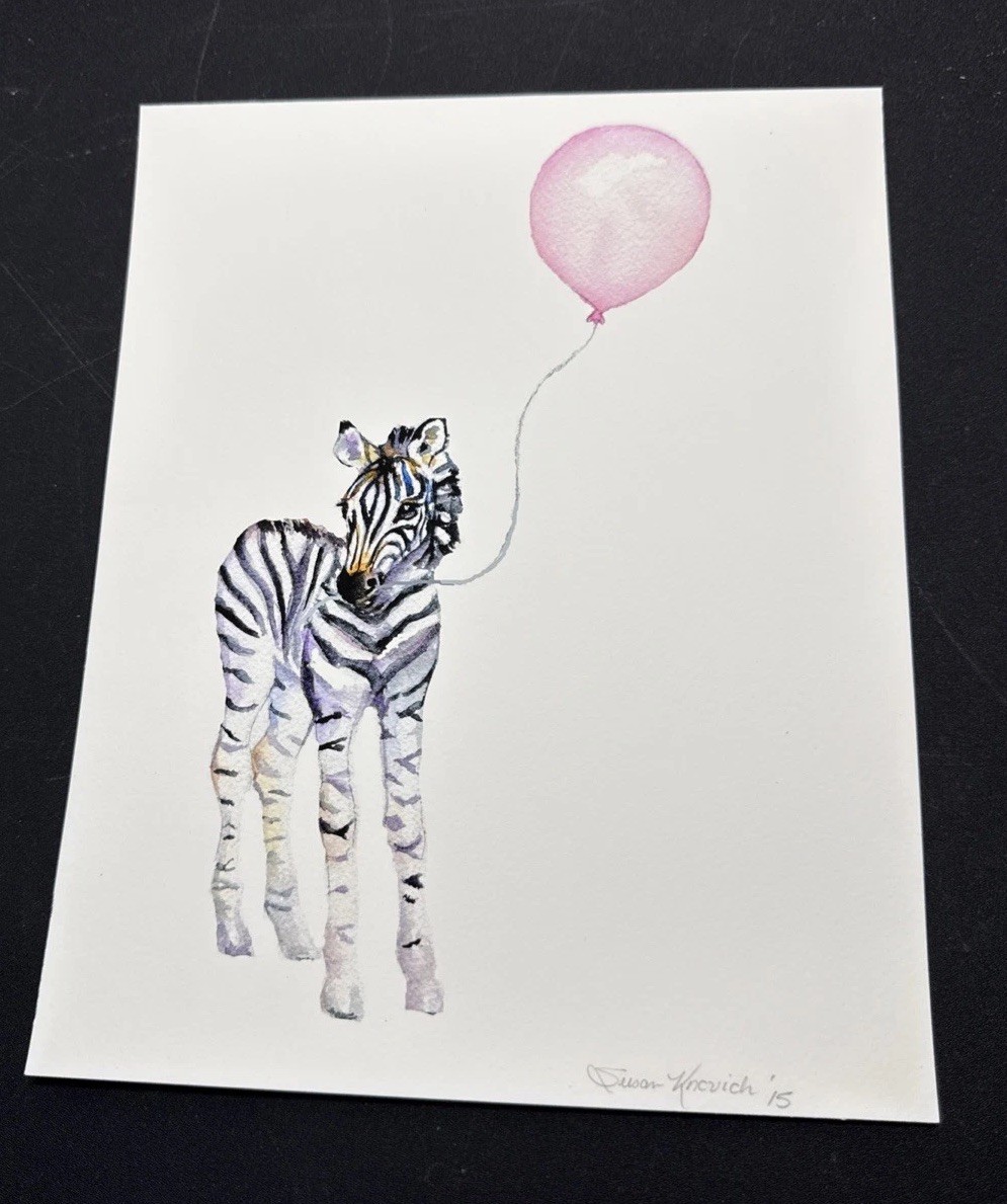 Original Watercolor Baby Zebra Pink Balloon Signed Susan Khovich 2015 Nursery