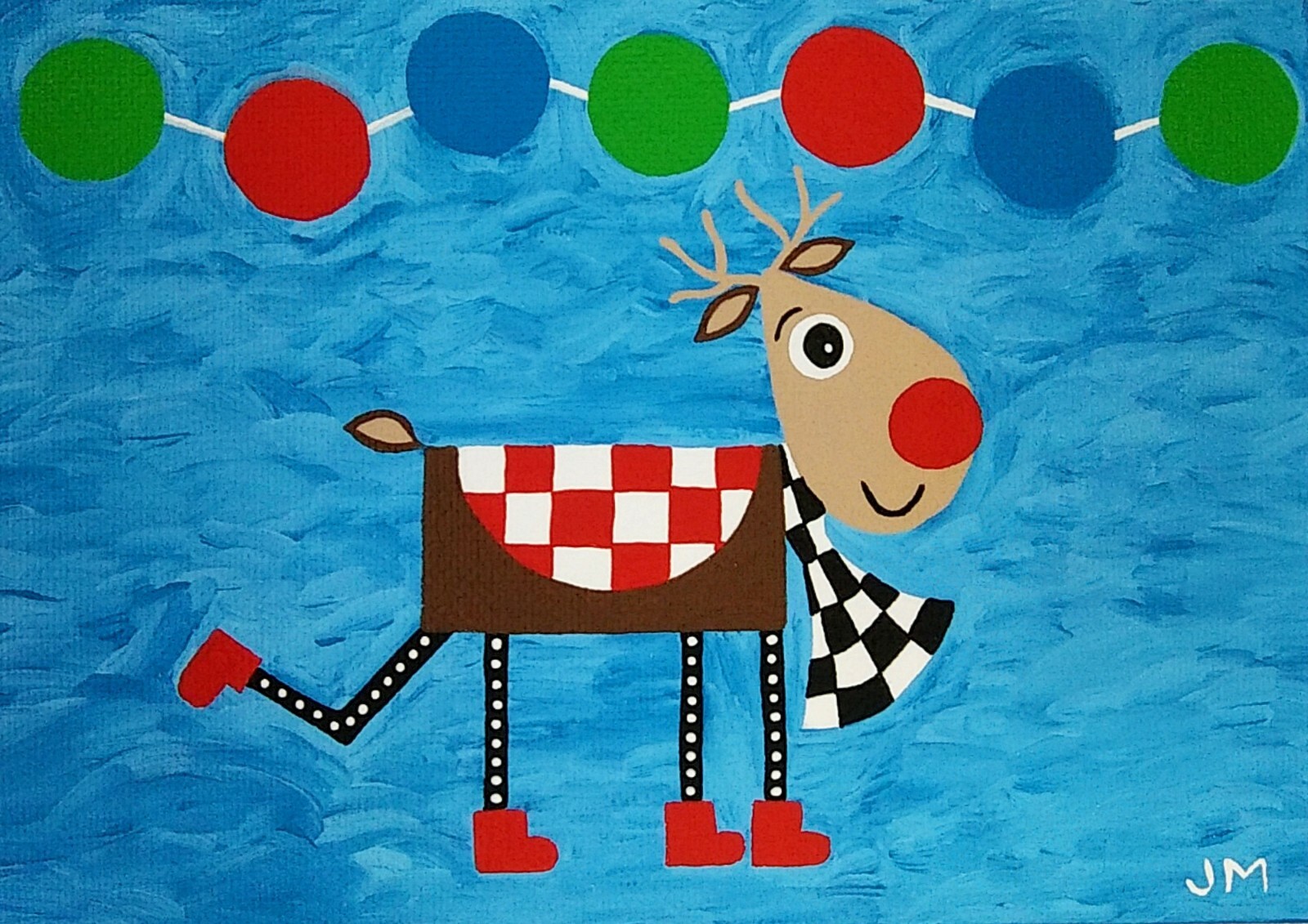 new! original painting 5×7 signed canvas board folk art “Dancing Reindeer”