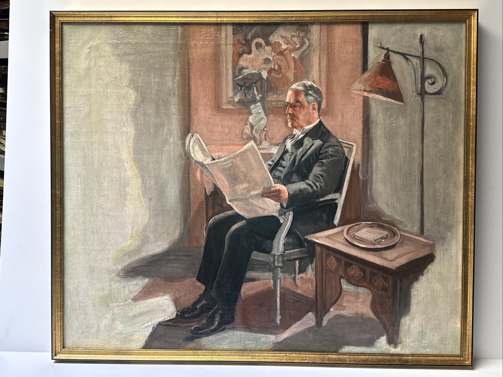 Antique Art Deco Painting Portrait Man Men Reading Large Oil Mystery 1920’s