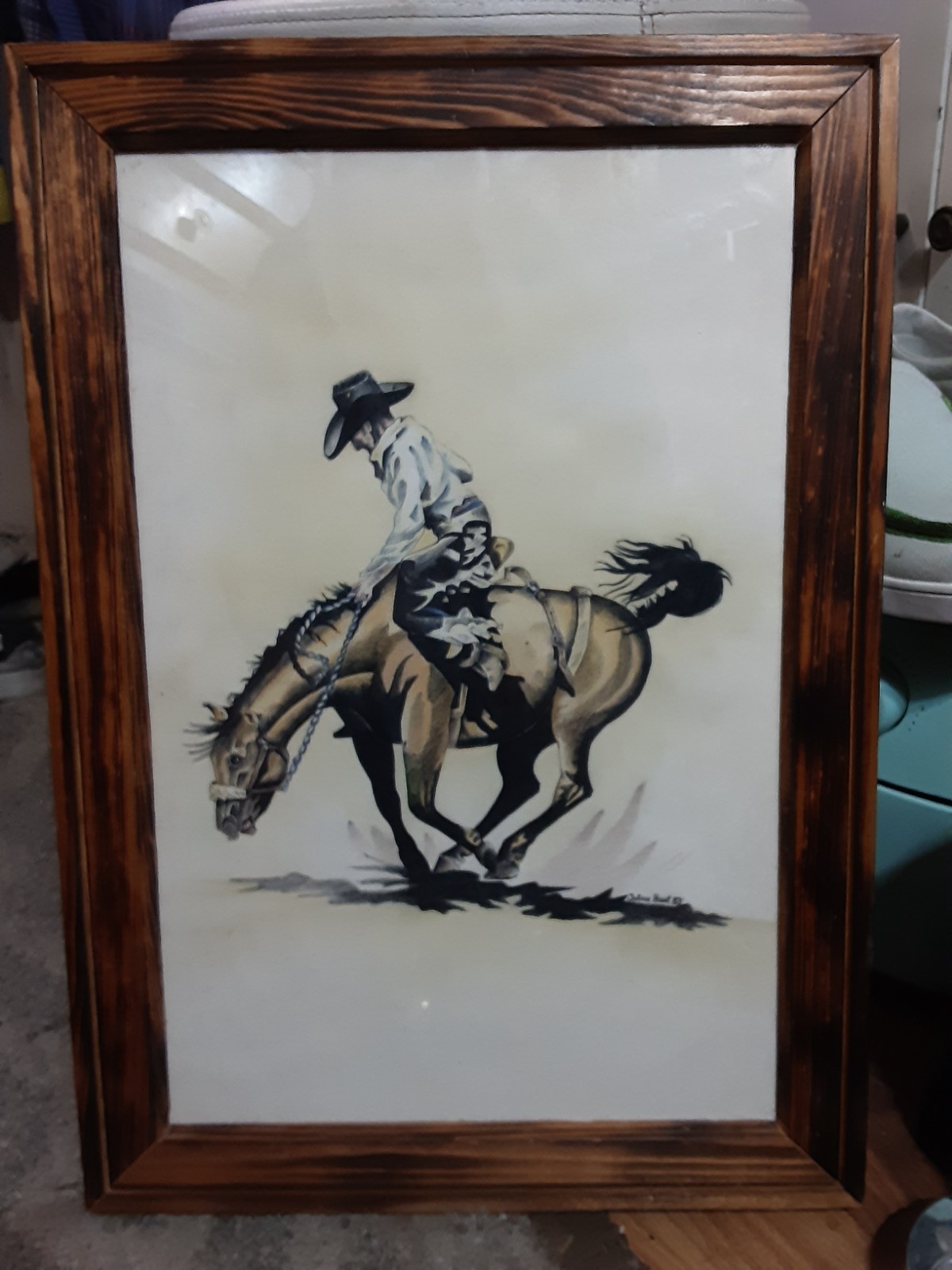 FABULOUS VINTAGE 1983 ORIGINAL FRAMED 18 X 12 WESTERN,COWBOY INK AND WATERCOLOR