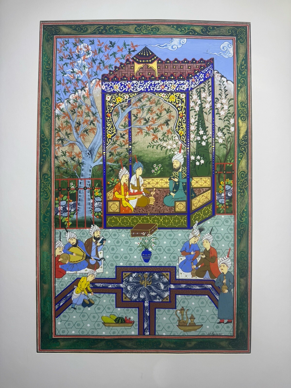 Miniature Painting Persian Art Silk Paper Sultan Garden 31,5x20cm