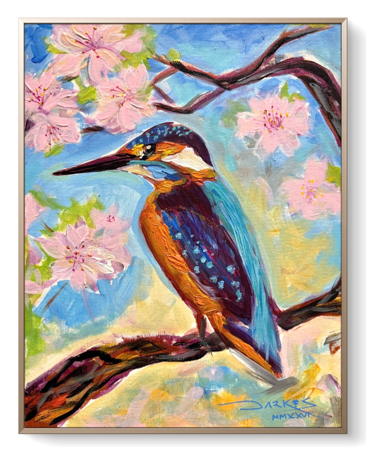 Kingfisher Bird Painting Cherry Blossom Floral Art 11×14 Canvas Panel CP