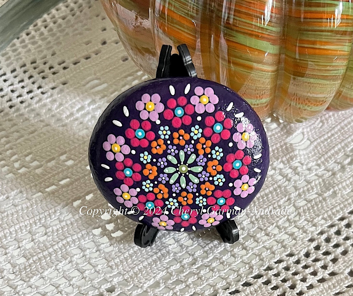 Original Dot Painted Stone Purple Flower Mandala by Cheryl Andrade