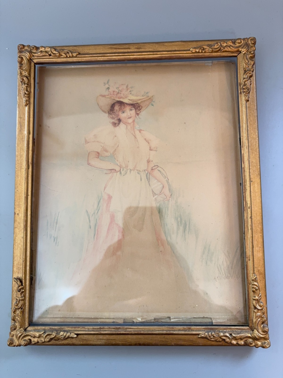 Original A K Wendell Edwardian Lady Floral Hat Watercolor Painting Gilt Frame