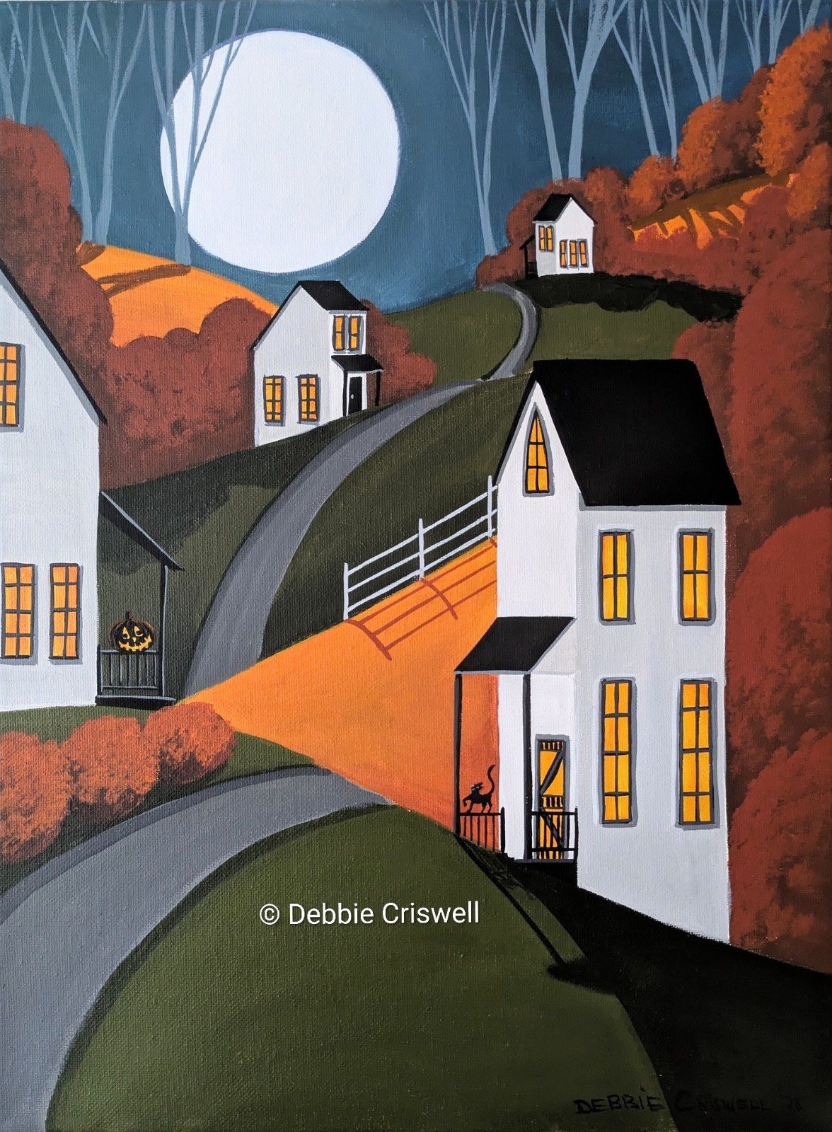 ORIGINAL Painting 16×12 Folk Art Landscape Halloween Goofy Black Cat JOL Pumpkin