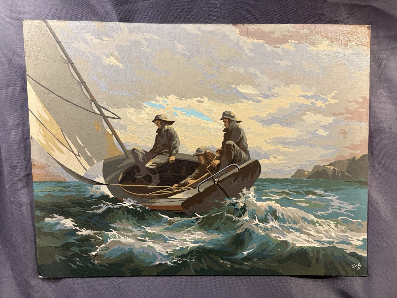 LARGE Vintage Nautical Paint by Number Painting Stormy Fishing Scene