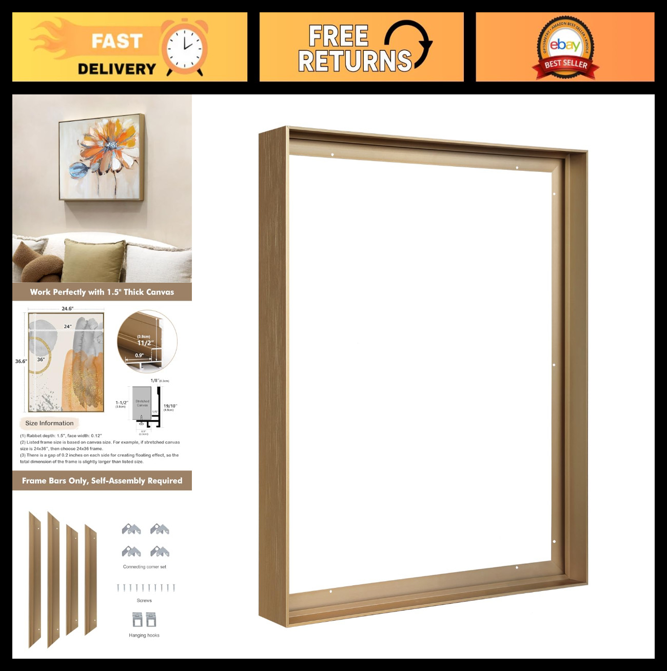 24×36 Metal Canvas Floater Frame, 1.5″ Deep for Oil Paintings, Art Prints, Wall