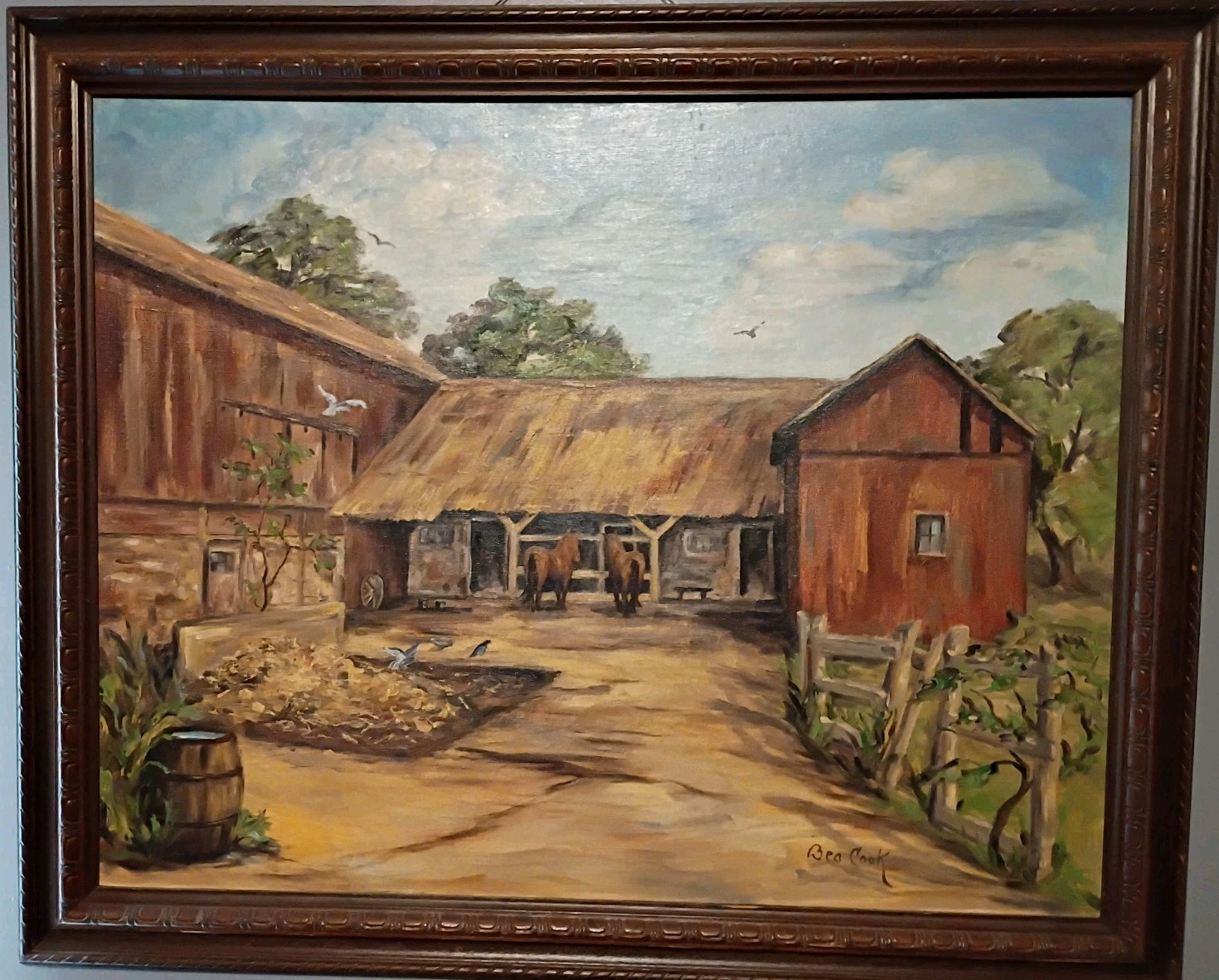 Framed Large Colorful Painted “Farm Life” Scene w/ Barn & Horses by BEA COOK!