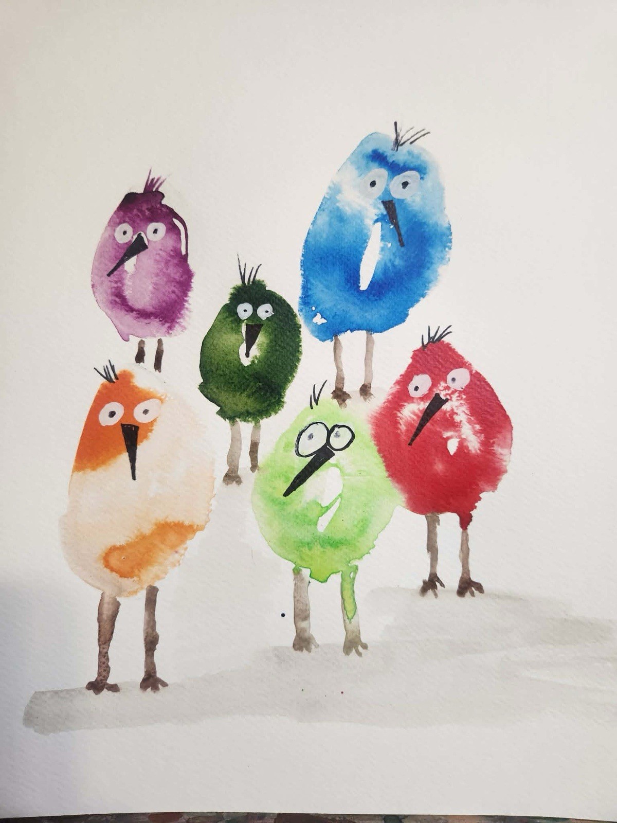 Abstract Silly Birds Colorful Unique Bold Art Watercolor Mixed Media Paper