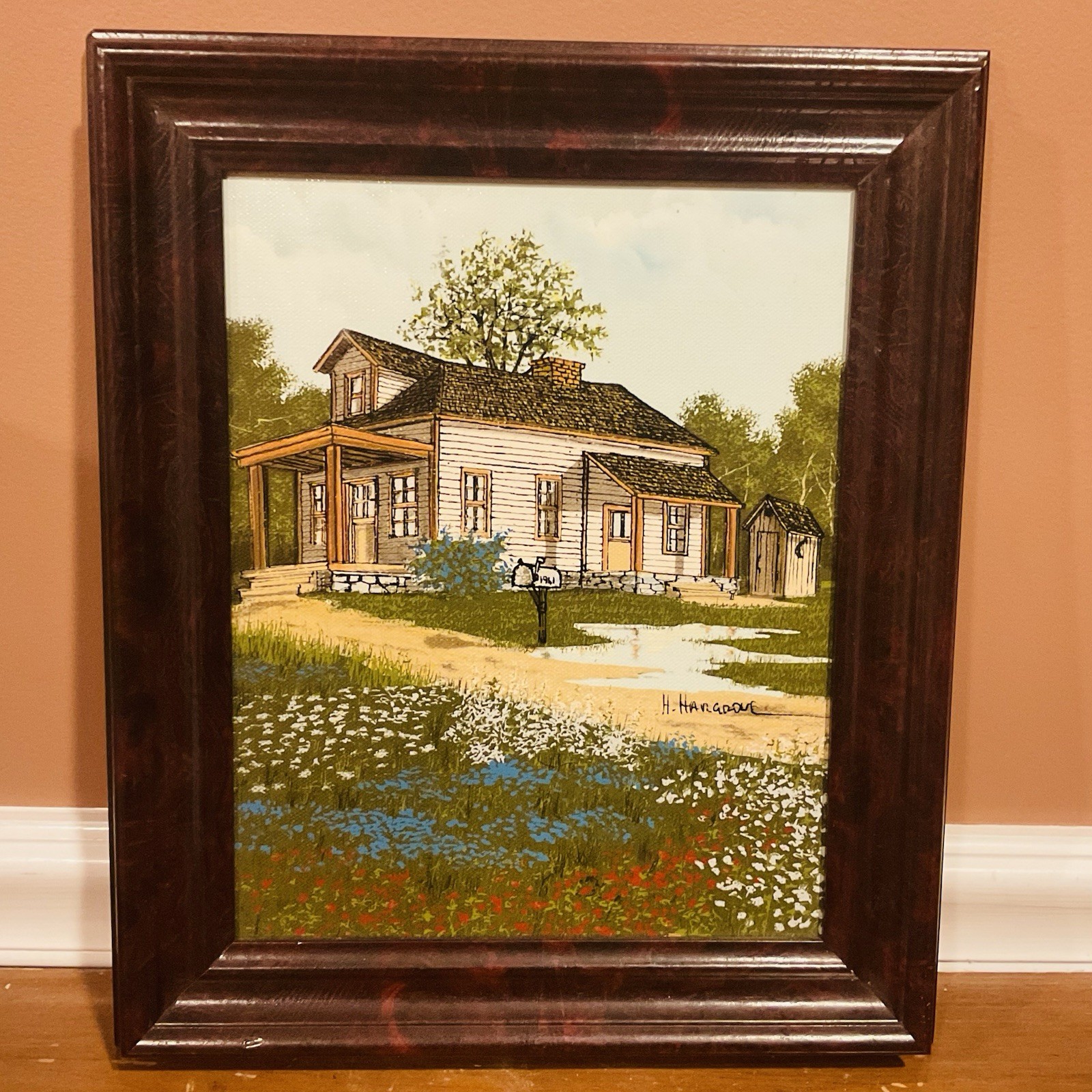 VTG Signed H. Hargrove Framed Canvas Oil Painting Serigraph Country Farm House
