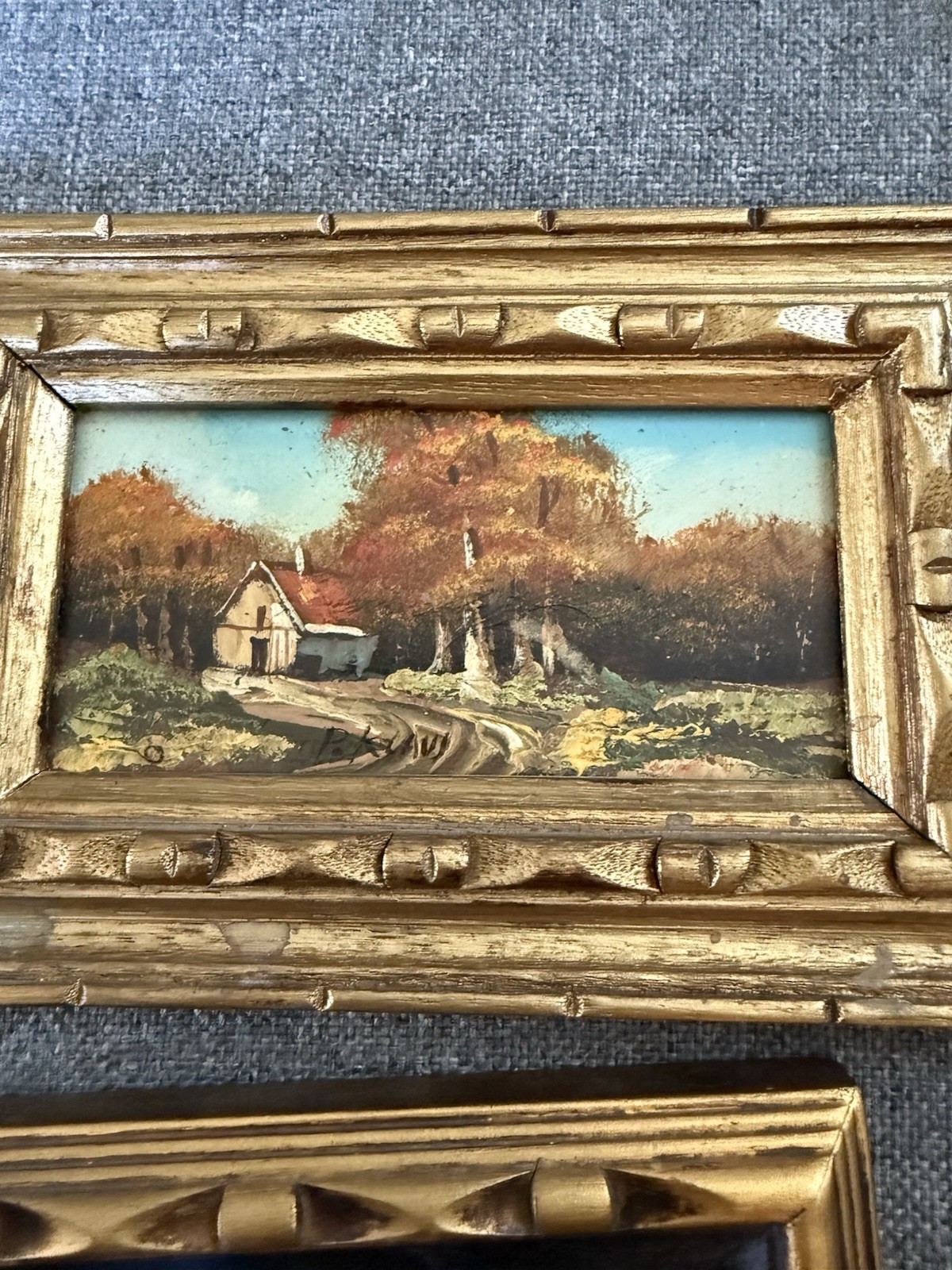 2 Signed P. Klaus Miniature Oil Paintings On Board Country Cottage Trees Framed