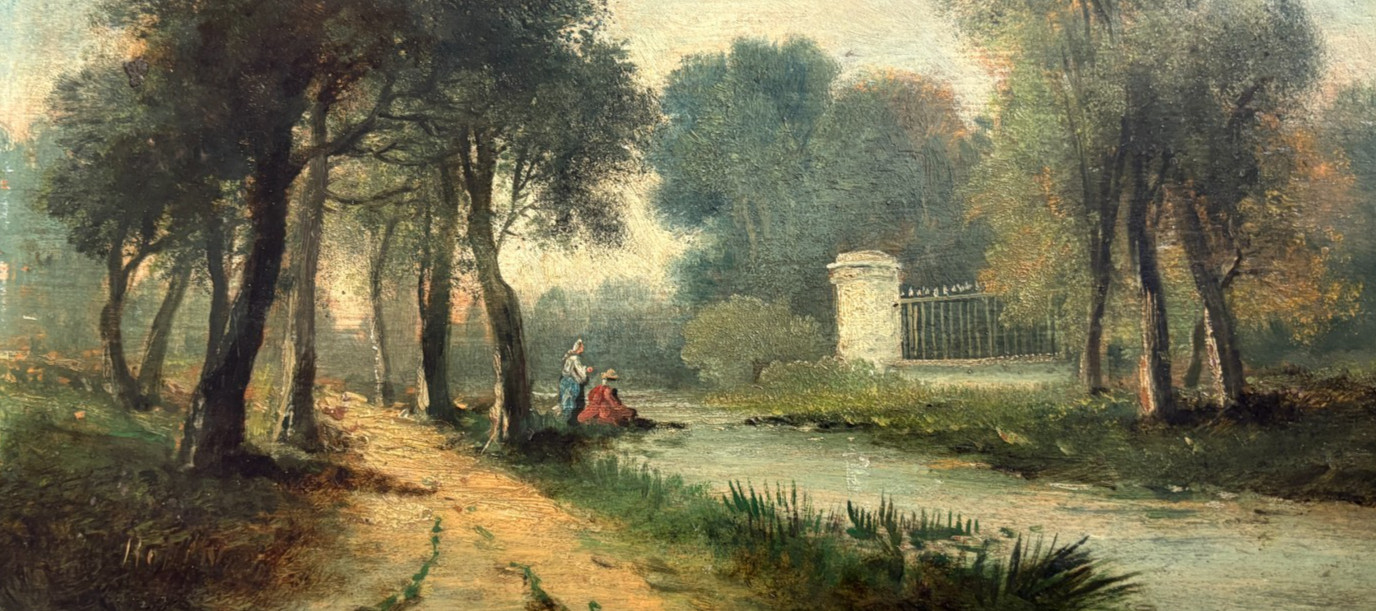 Landscape Nature Trees People Antique Oil Painting Signed 19th century