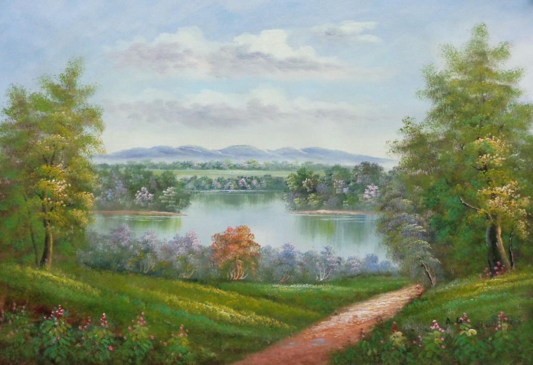 24×36 Peaceful Countryside Road Pass through Lake with Mountain and Trees Oil