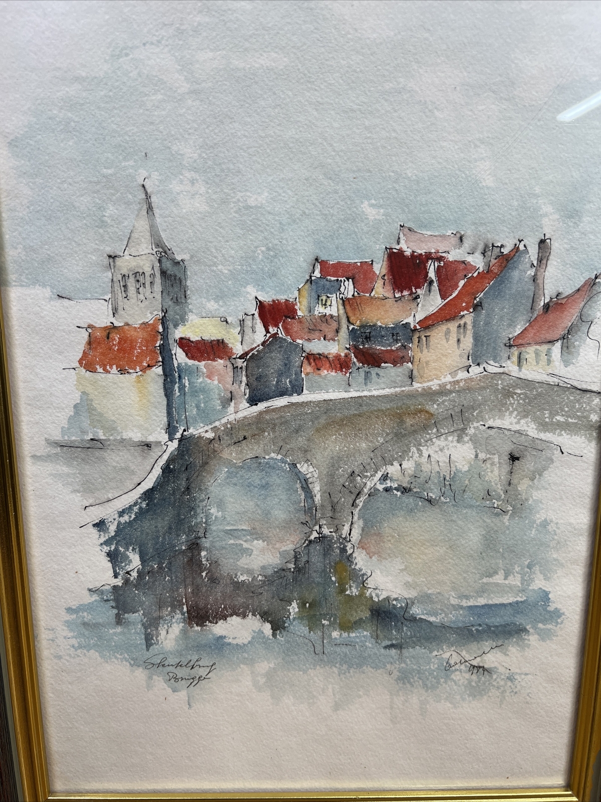 Vintage Framed Watercolor Sketch European Bridge Cityscape in Schenkelberg 15×11