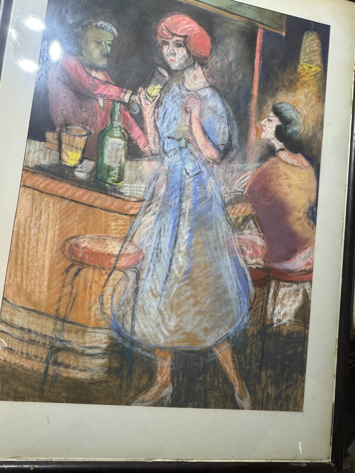 Huge “Figures At A Bar Scene” Pastel Painting – Framed