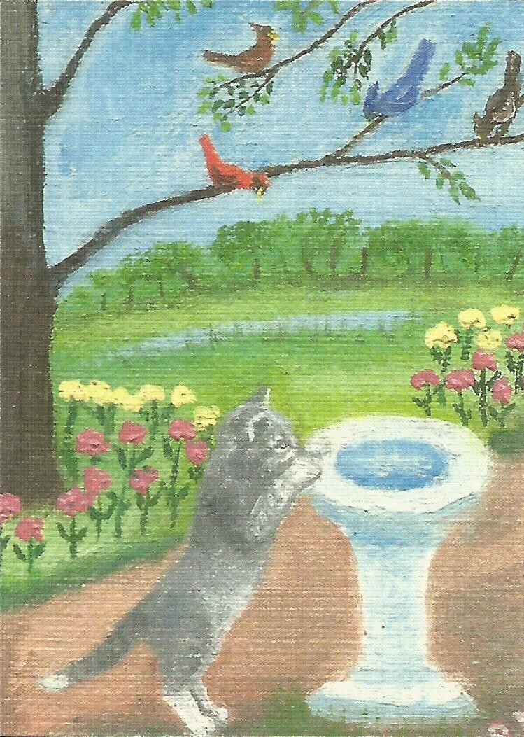 ACEO Print of original oil painting ” Yum, Bird Flavor Water” cat birds flowers