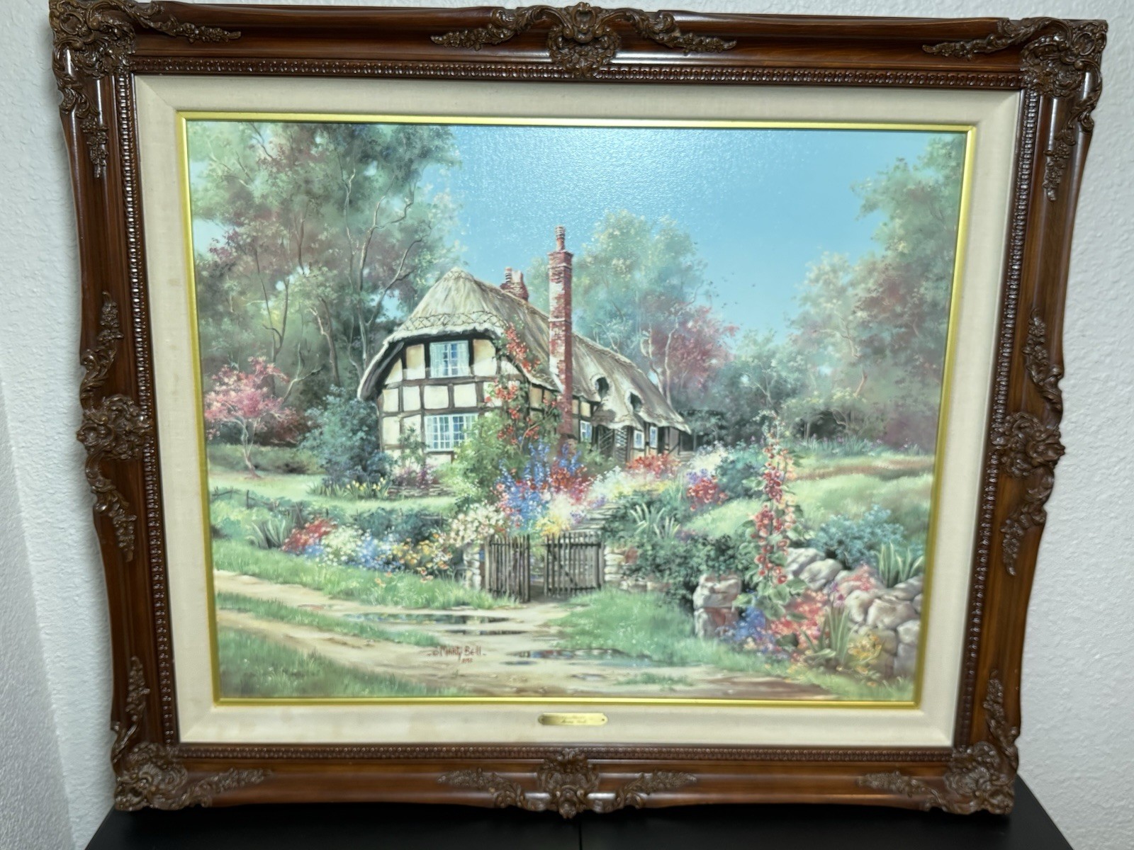 Vintage Hollybush Marty Bell 1992 Canvas Oil Painting Ornate Wood Framed Signed