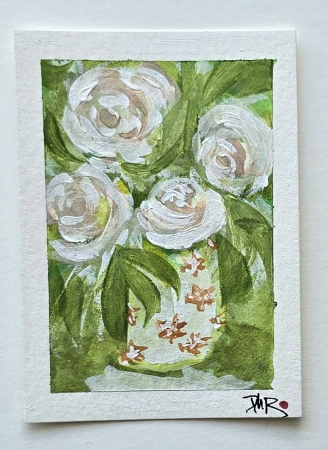Original ACEO White Roses Flowers Miniature Dulce Maria Rico”PORCELAIN DREAMS”