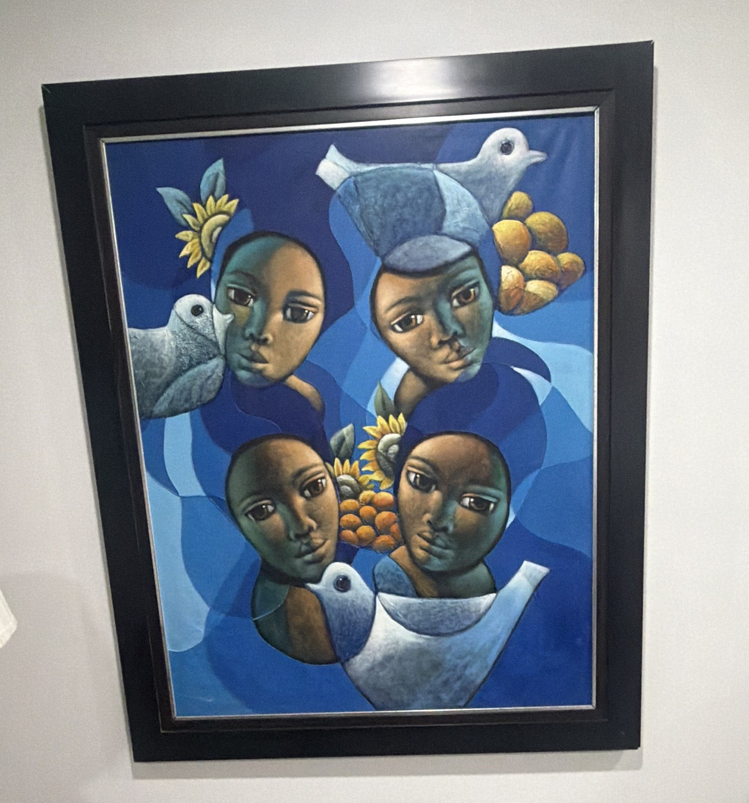 Framed Signed Original Painting Women Birds Flowers Fruit