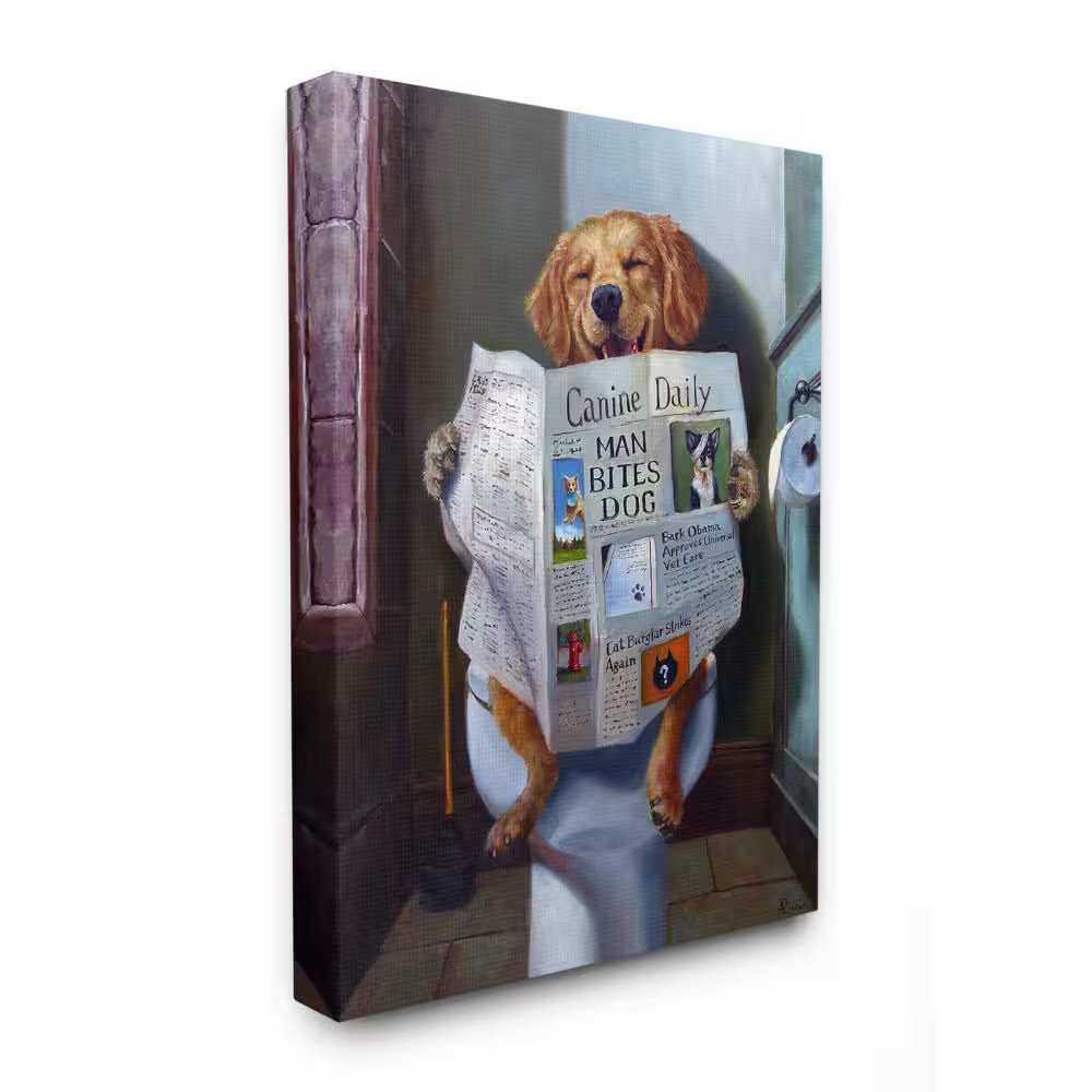 16 In. X 20 In. “Dog Reading the Newspaper on Toilet Funny Painting” by Artist L